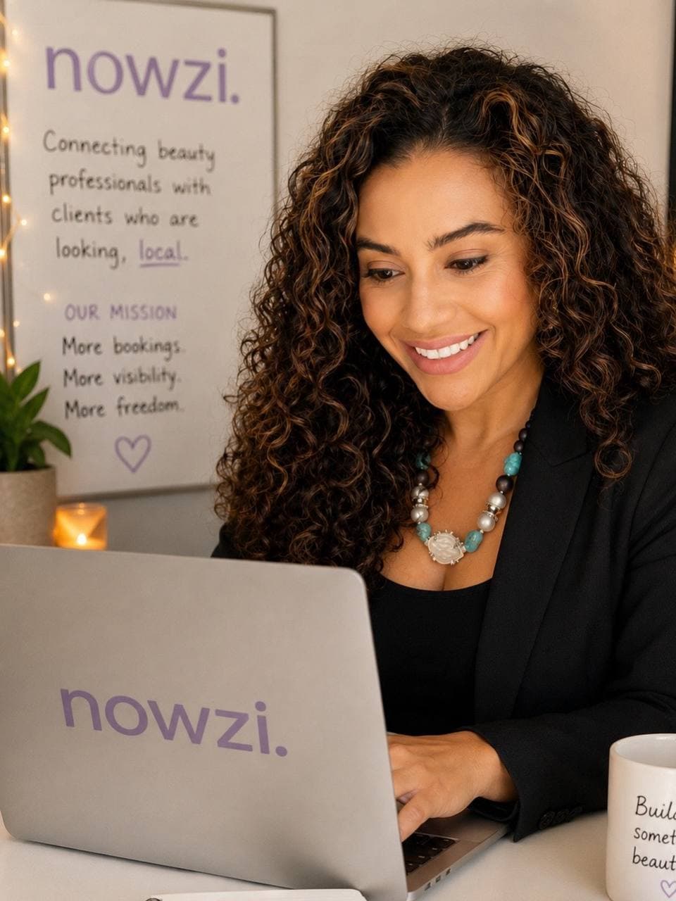 Jenny Parrish, founder of nowzi., working in front of a nowzi. sign
