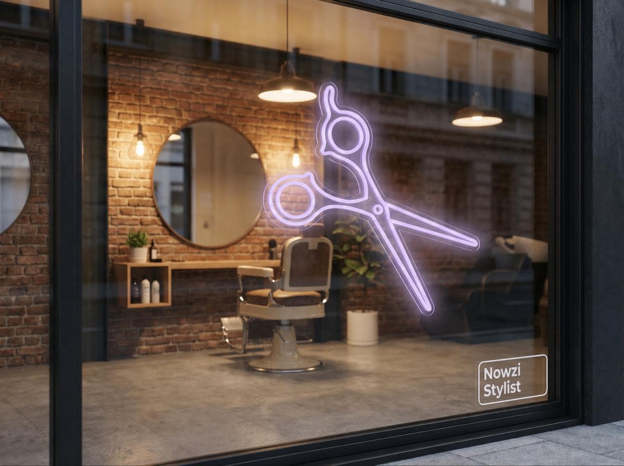 Neon lavender scissors in a salon window with Nowzi Stylist sticker